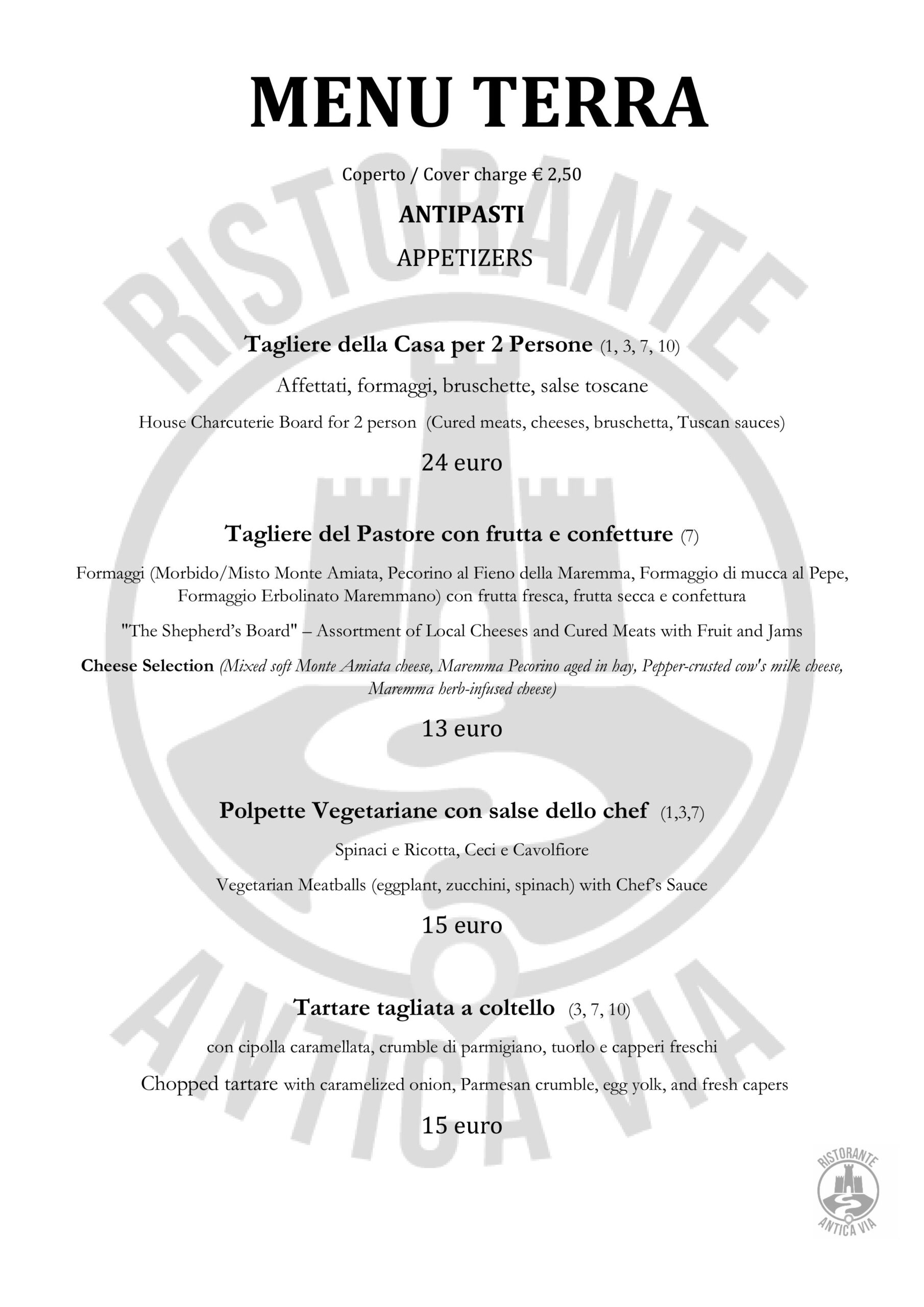 Menu Terra - Antipasti - Ristorante Antica Via Gambassi Terme