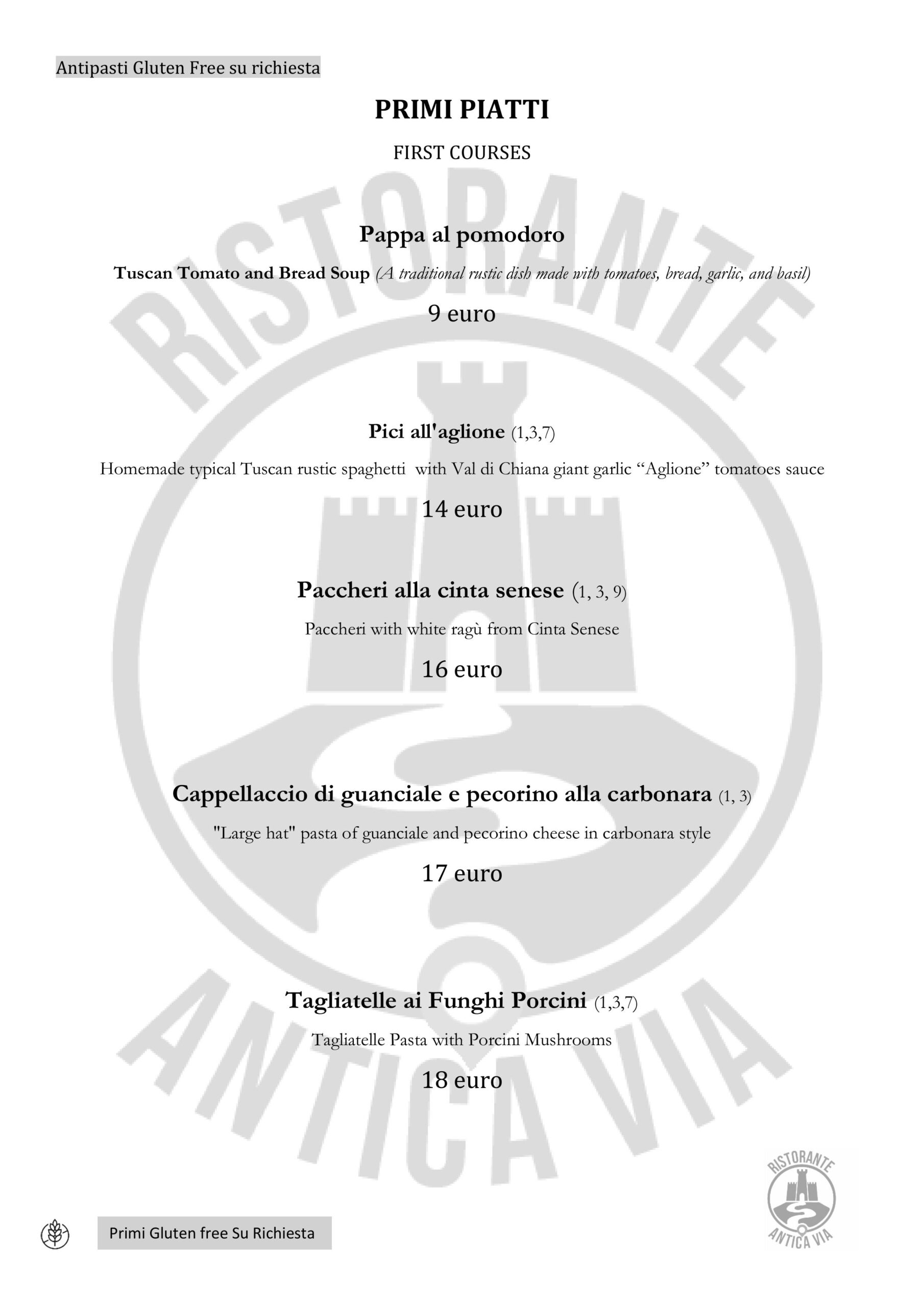 Menu Terra - Primi piatti - Ristorante Antica Via