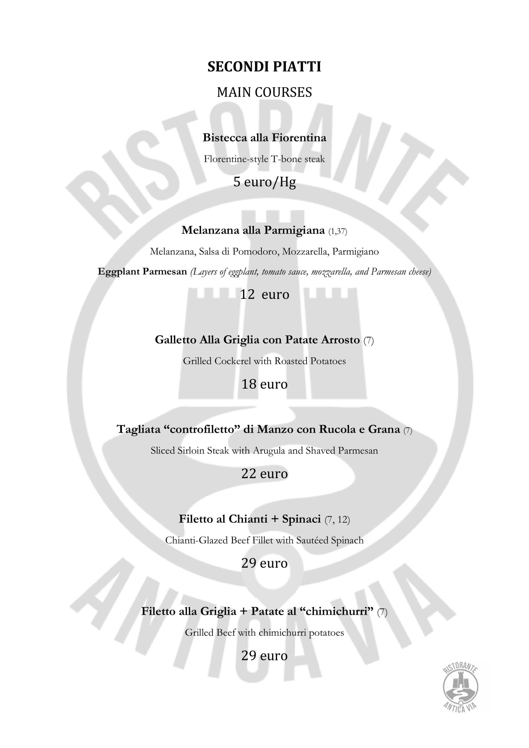 Menu Terra Ristorante Antica via Secondi piatti