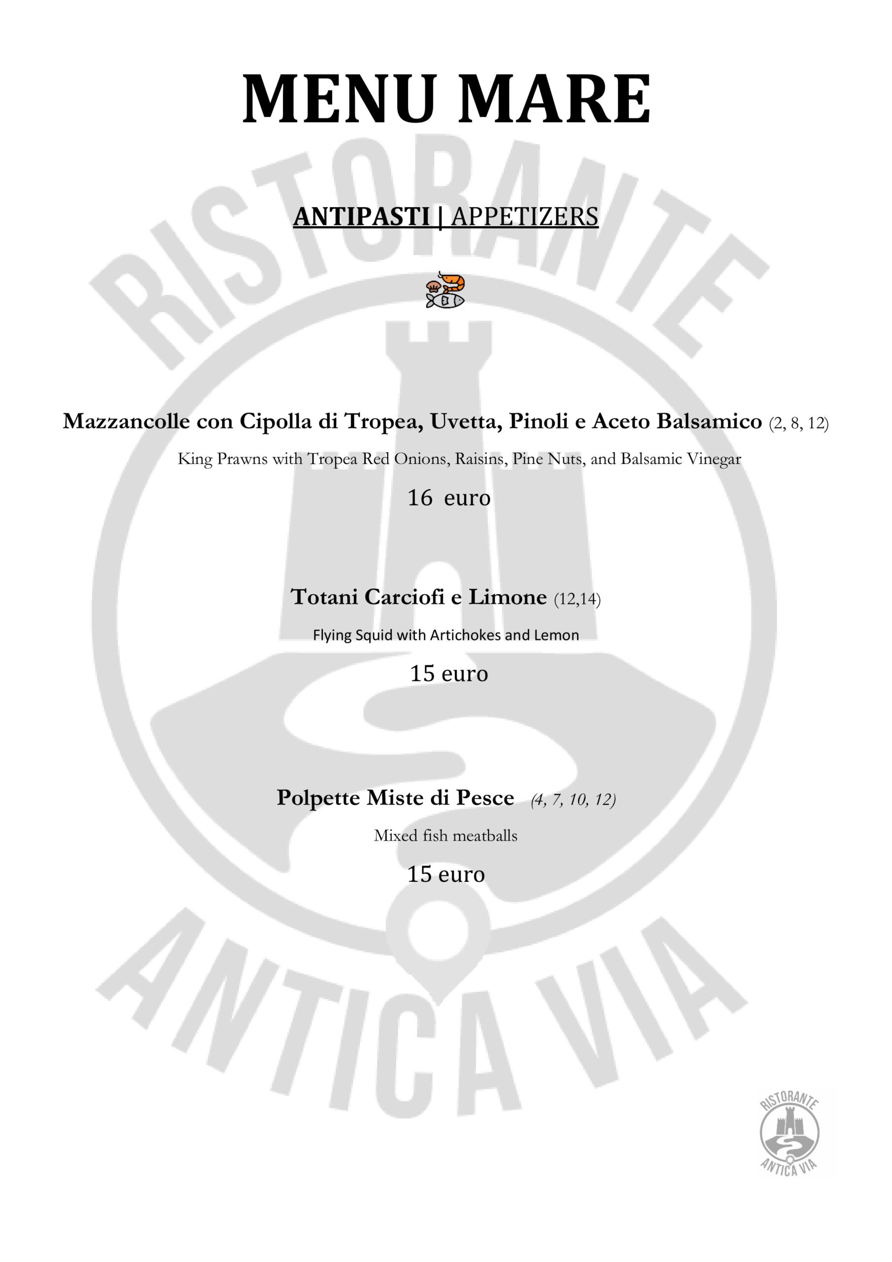 Menu Antica via - Antipasti e Primi di Pesce