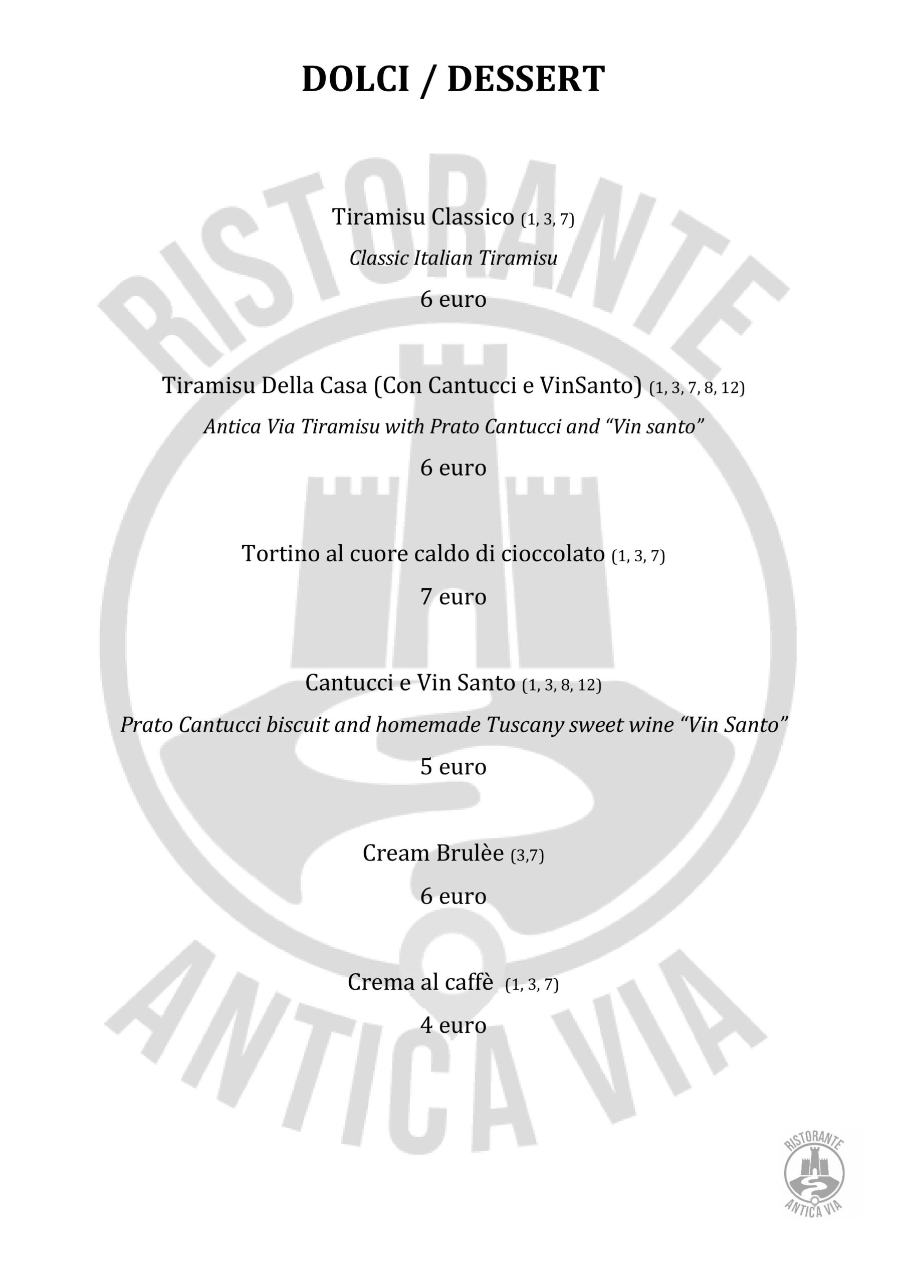 Menu Antica via Dolci